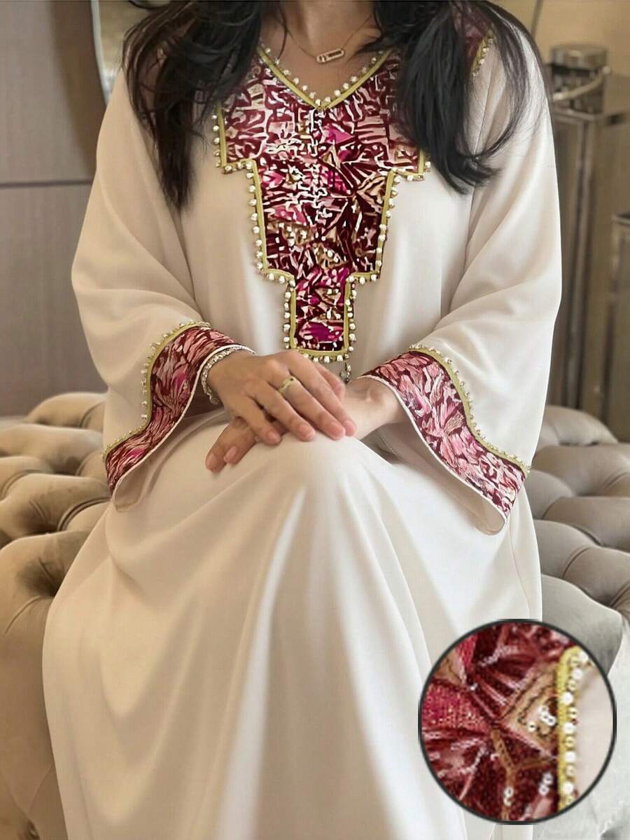 Al Najma New Elegant V-Neck Sequin Embroidered Slimming Comfortable Casual Party Dress