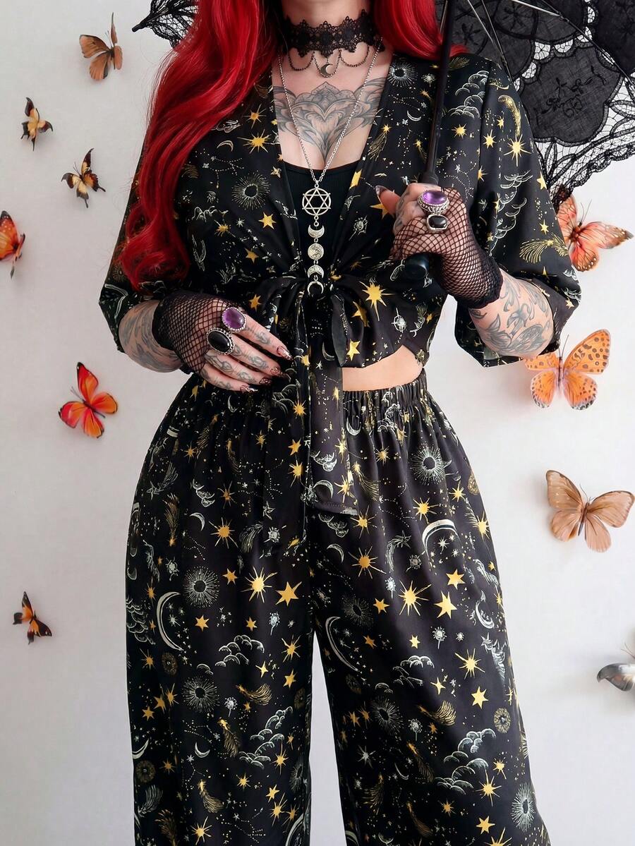 Whyspr Mono de pierna ancha con estampado de estrellas y lunas retro negro con lazo en la cintura - Negro - Ver 1