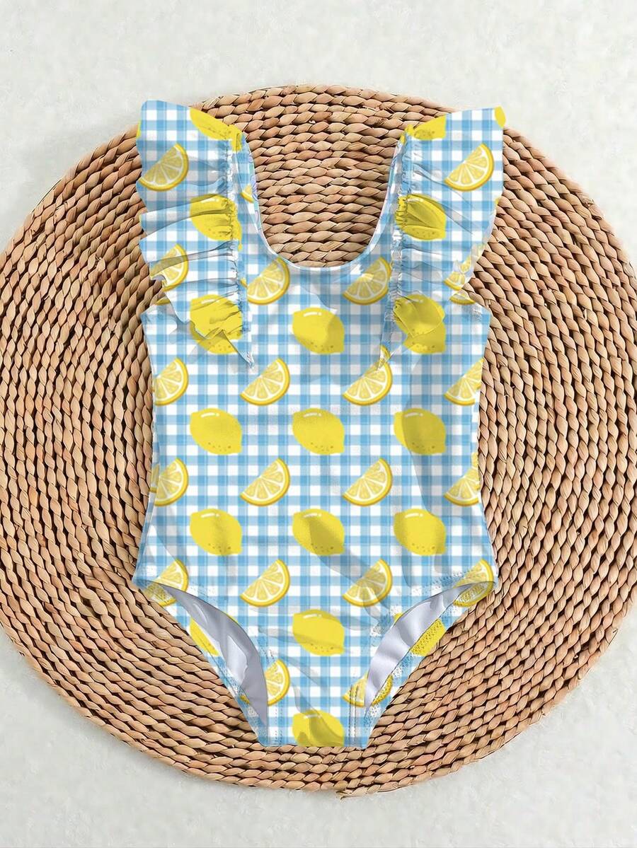 Traje de baño de una pieza para niñas con estampado de cuadros azules y limones, con volantes, adecuado para la playa, vacaciones y actividades de verano - Multicolor - Ver 1