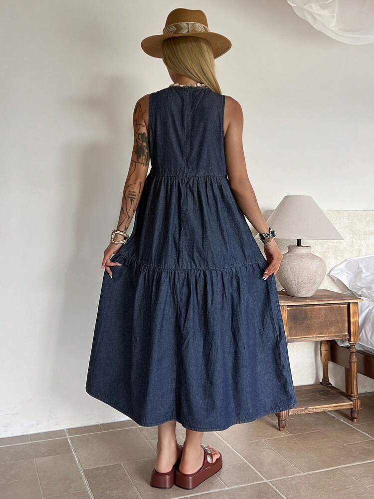 Women's Round Neck Loose A-Line Midi Denim Dress, Vacation Beach Casual Commute, Spring & Summer