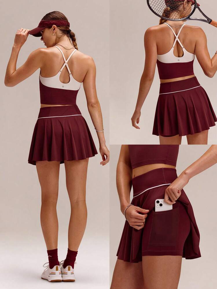 FeatherFit™-Air Serve And Glow Ultra-Lightweight Moisture-Wicking Quick-Drying Sun-Protective Tennis Skirt With Built-In Shorts Side Pockets Tennis Golf Pickleball Daily Casual Wear