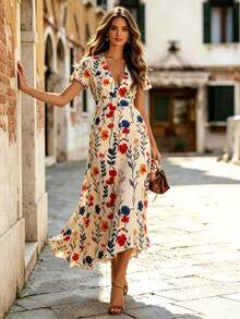 V-Neck Elegant Ditsy Floral Waist Cinched Summer Dress - Multicolor - View 4