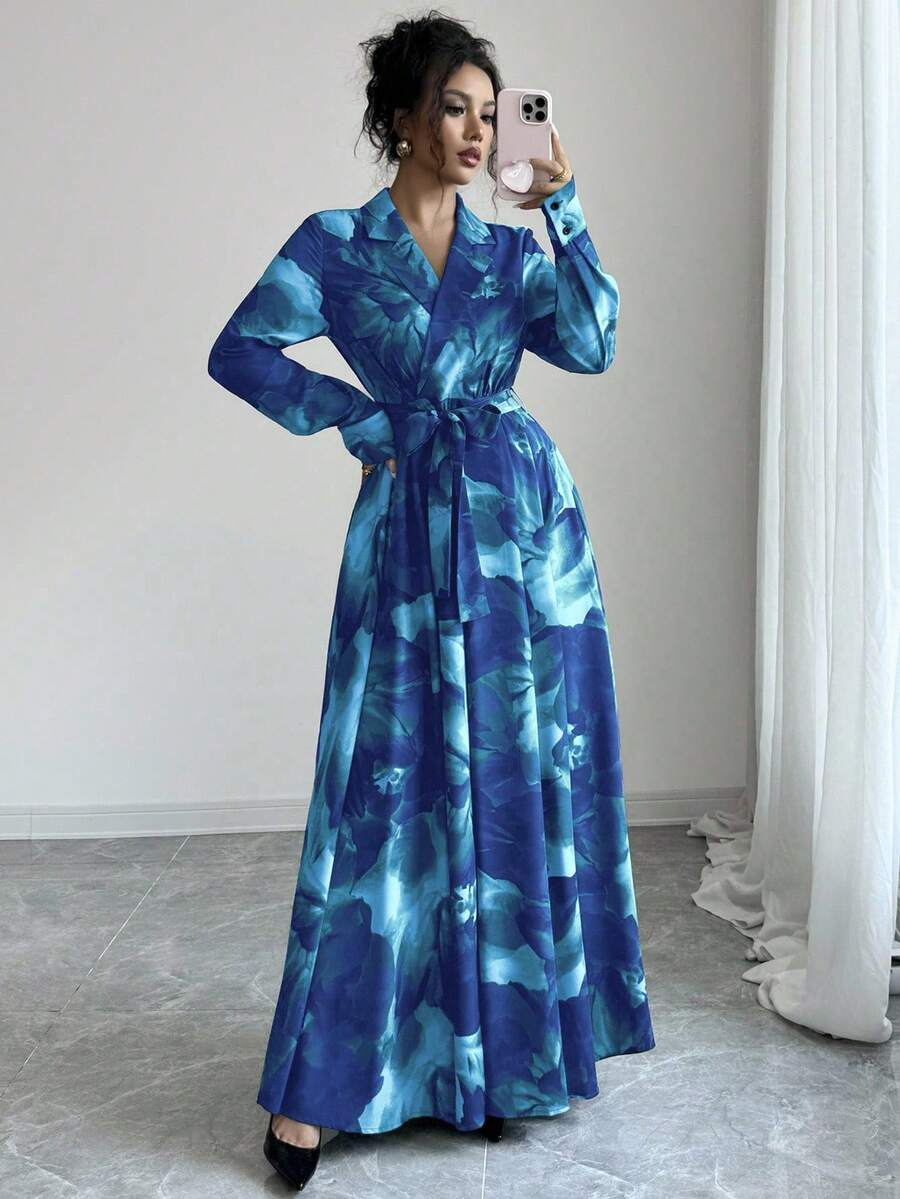 Elenzga Đầm dài tay cổ bẻ in hoa với nơ thắt eo - Màu xanh lam - Xem 1