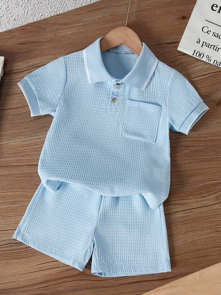 SHEIN Explorewe 两件套男童夏季时尚Polo衫（带领）和休闲短裤套装 - 淺藍色 - 查看 1