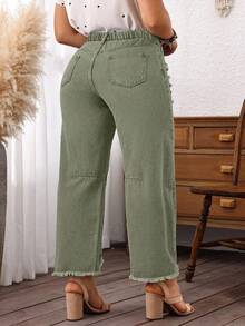 EMERY ROSE Plus Size Women Cowgirl Blue Inelastic Distressed Frayed Hem Loose Cropped Jeans, Rodeo Outfits For Women - Army Green - View 2