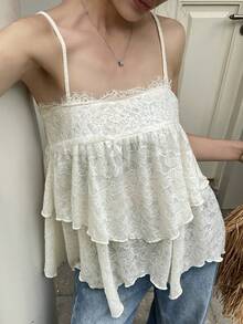 DAZY Áo nữ màu trắng ren dáng chữ A, viền bèo nhún bất đối xứng, thích hợp mặc đi biển, nghỉ mát, mùa xuân và hè. - Màu vàng - Xem 8