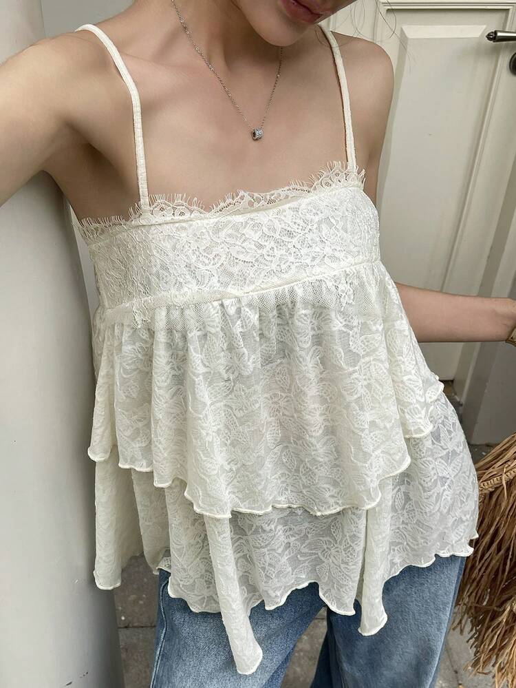 Women's White Lace A-Line Ruffle Hem Asymmetrical Hem Casual Vacation Beach Top, Spring & Summer