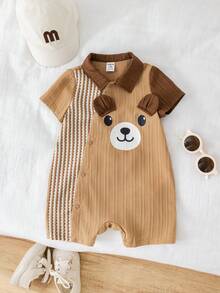 SHEIN Bộ áo liền quần tay ngắn hình gấu 3D dễ thương phối màu cho bé trai/bé gái sơ sinh, trang phục mùa hè cho bé. - màu nâu - Xem 4