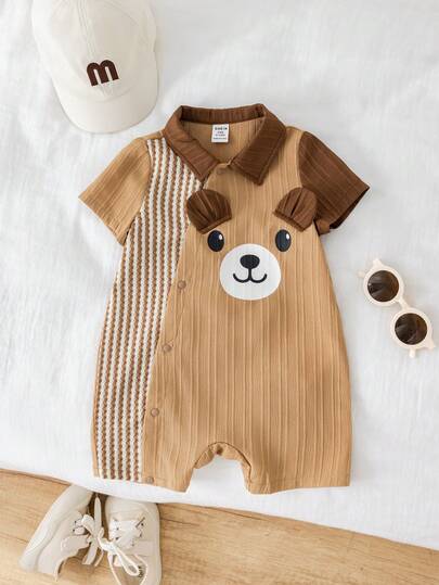 SHEIN Unisex Newborn Baby Boy/Girl Colorblock Cute 3D Bear Short Sleeve Romper, Baby Summer Clothes Outfit