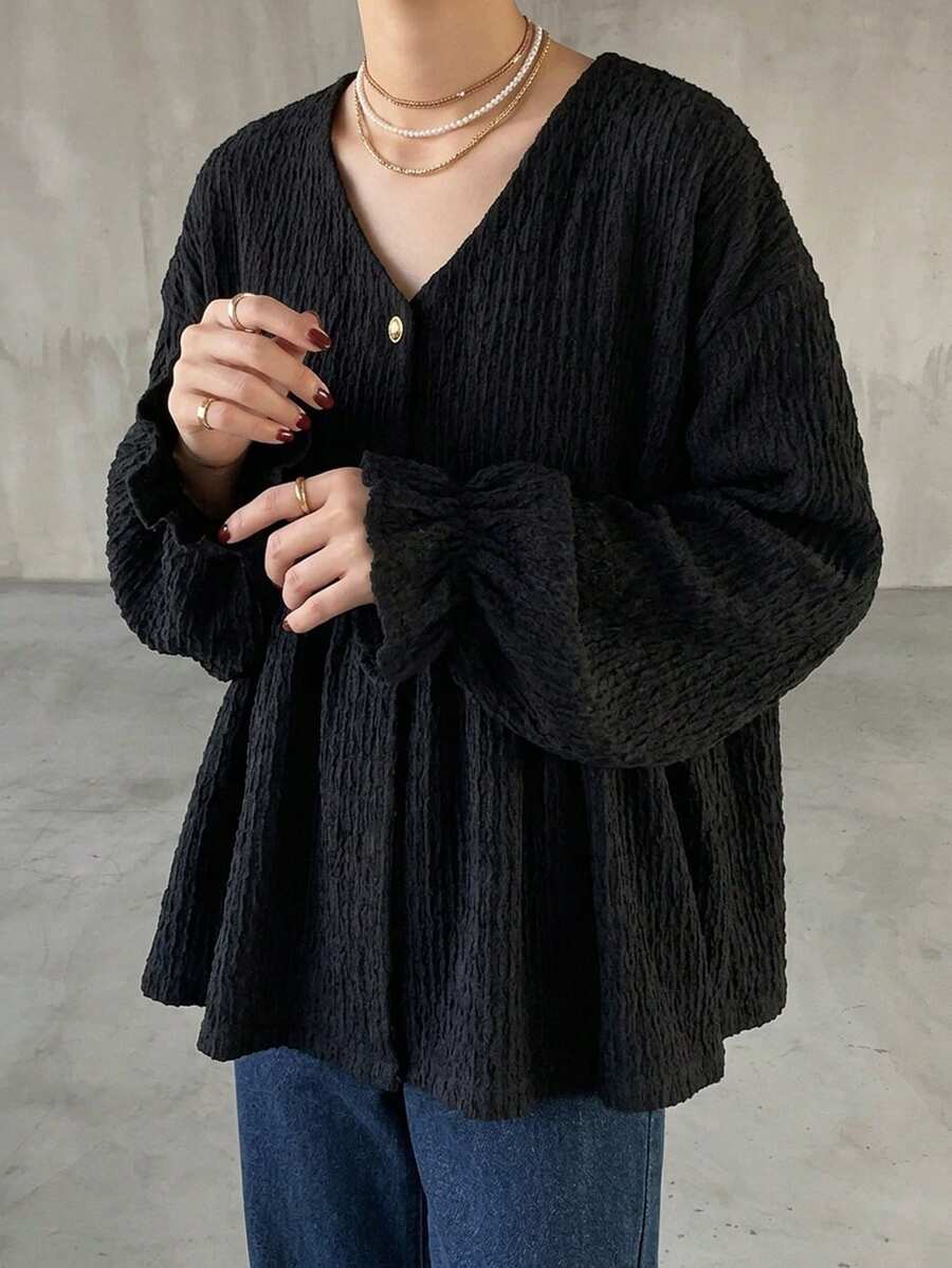 FRIFUL 女款純色紋理布料腰部拼接百褶袖口寬鬆休閒百搭春季度假襯衫 - 黑色 - 查看 1