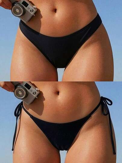 Swim Mod 2pcs Women's Solid Color Black Bikini Bottom, 1 Drawstring Waist Pant & 1 Bikini Bottom, Summer Beach Swimwear