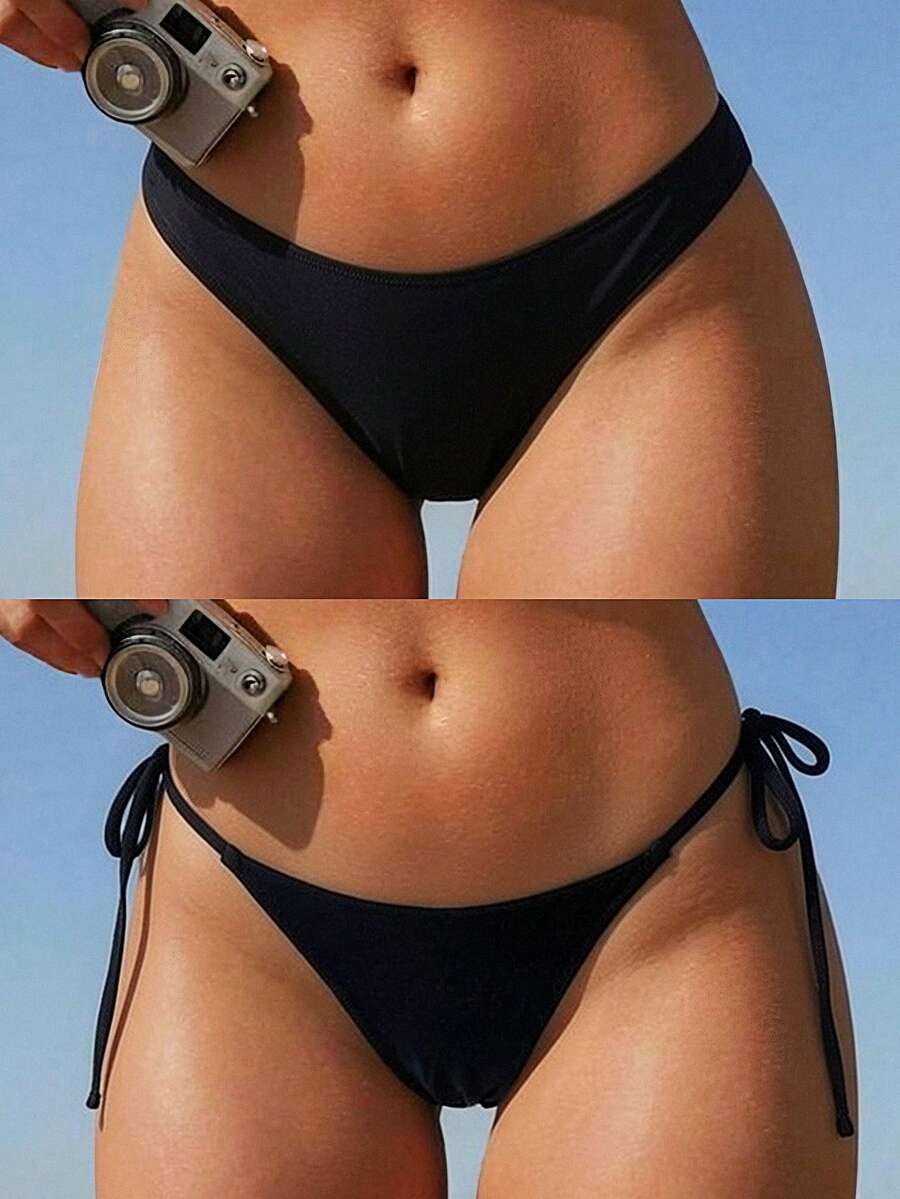 Swim Mod 2件套女士纯色黑色比基尼泳裤，1条抽绳腰带泳裤和1条比基尼泳裤，夏季沙滩泳装 - 彩色 - 查看 1