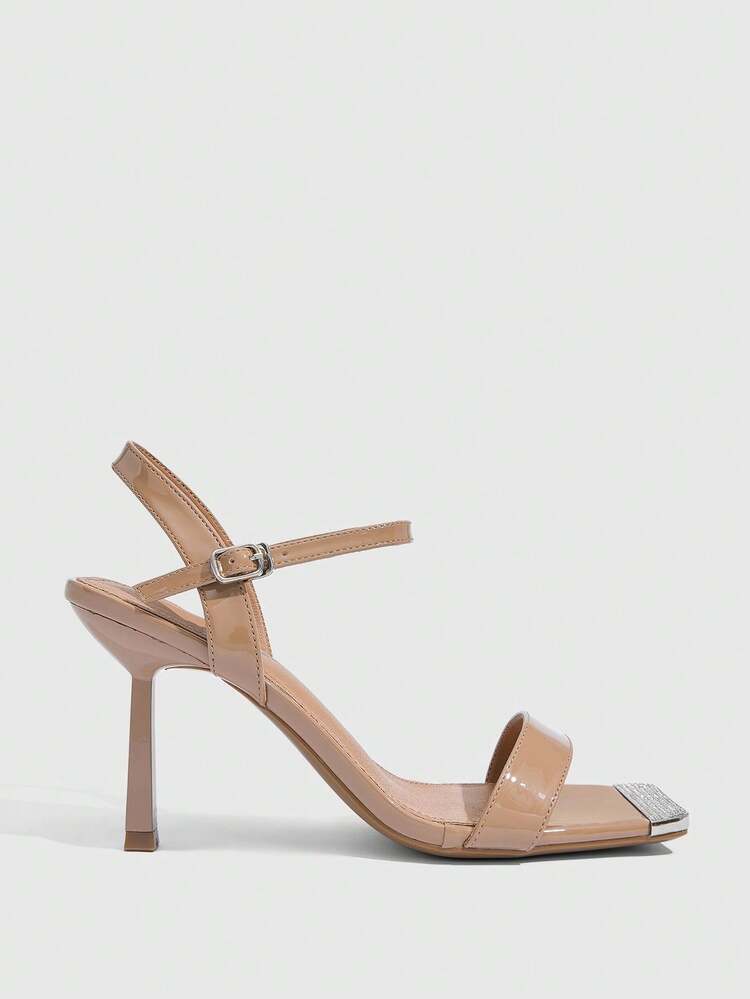 CUCCOO SZL Women's Square Toe Thin High Heel Sandals, New Spring/Summer Styles, Rhinestone Metal Toe Cap, Fashion Sexy Elegant Party Ankle Strap Open Toe High Heels