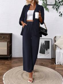 SHEIN Holidaya Conjunto de blazer y pantalones de estilo casual con sensación de lino - azul real - Ver 5