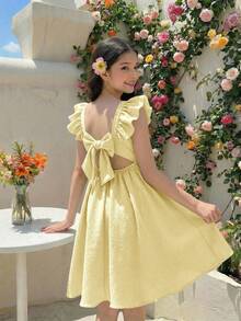 SHEIN Tween Girl Elegant Bowknot Decor Ruffle Trim Flutter Sleeve Dress - Yellow - View 2