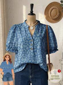 Rusticease Plus Size Summer Casual Leopard Print Cutout Collar Shirt - Multicolor - View 1