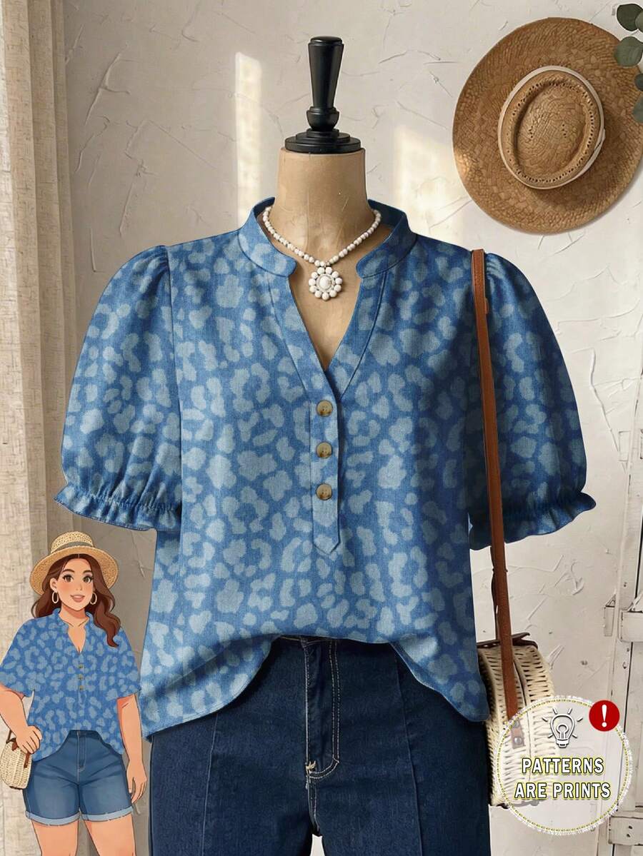Rusticease Plus Size Summer Casual Leopard Print Cutout Collar Shirt - Multicolor - View 1