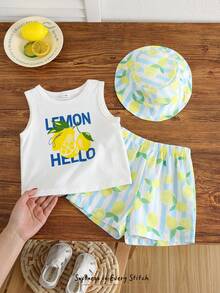 Cozy Pixies 3件套男女宝宝休闲度假可爱热带柠檬印花无袖针织上衣、短裤和遮阳帽套装，春夏宝宝服装套装 - 彩色 - 查看 6