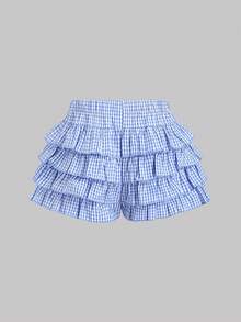 Sweetra Women's Retro Plaid Multi-Layer Ruffle Hem Bow Decor Romantic Girly Sweet Sexy Blue Plaid Shorts - Blue and White - View 2