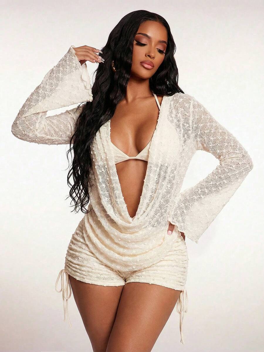 Radiana 女士性感休闲杏色网纱度假套装，露背长袖垂领罩衫+吊带文胸上衣+抽绳褶皱短裤三件套，沙滩装，短裤套装，海岛度假装，沙滩服饰，沙滩套装，比基尼罩衫，假日旅行服装 - 杏色 - 查看 1