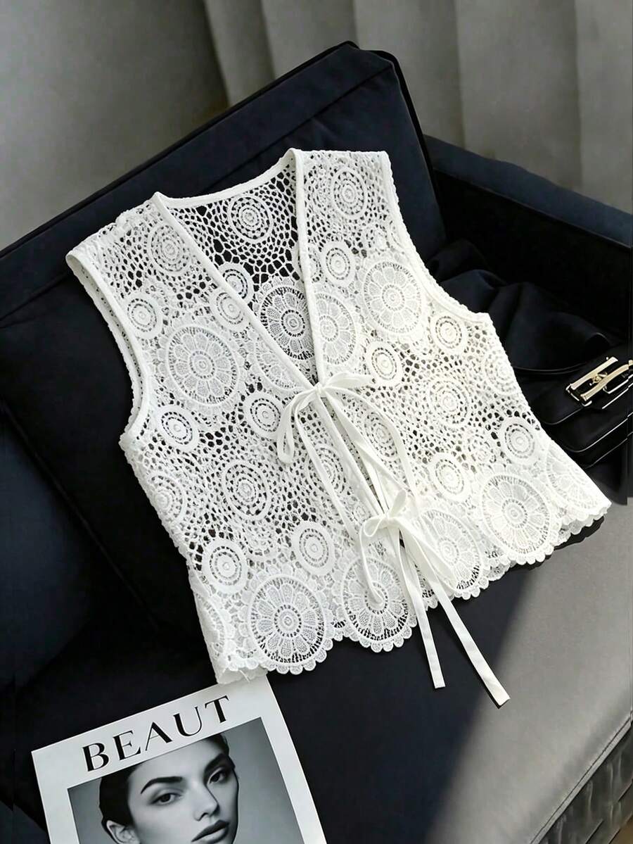 Franclia 女款蕾絲鏤空刺繡無袖優雅背心上衣,白色夏季波希米亞度假風休閒茶會 Pinterest 風格 - 白色 - 查看 1