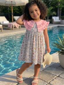 Young Girl Vacation Casual Colorblock Ruffle Floral Print Dress Young Girls Clothing Vintage Dress For Kids Kids Clothes - Pink - View 4