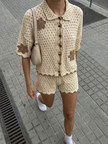 CasuGlow Boho Openwork Knit Flower Applique & Wooden Buttons Cardigan & Shorts Cover Ups - Krem - View 6