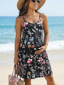 SHEIN 碎花无袖孕妇连衣裙，夏季度假风 - 黑色 - 查看 2