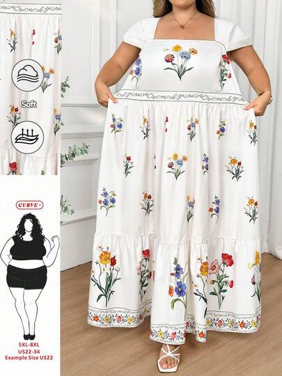SHEIN CURVE+ Plus Size Women's Bohemian Style Off Shoulder Printed Dress, Romantic, Tea Party Dress, Wildflower Dress, Garden Dress, Retro Dress, Spring Dress, Summer Dress, Tea Party Dress, Beach Dress, Outdoor, Elegant Dress, Bohemian Style, Luxury Evening Dress, Graduation Dress, Vacation Dress, Floral Dress, Summer Dress, Women's Spring Dress