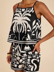 Travachic Women's Coconut Tree Print Camisole Top And Shorts 2 Pieces Casual Set - Black and White - View 4