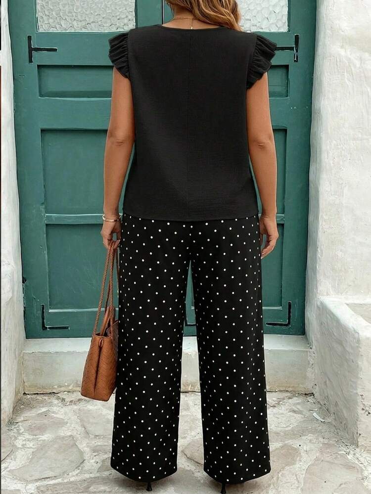 EMERY ROSE Mother's Day Vacation Style Black Flare Sleeve Solid Color Round Neck Top + Black & White Polka Dot Pattern Straight Loose Pants 2 Piece Set, Casual Minimalist Plus Size Printed 2 Piece Outfit - Multicolor - View 2