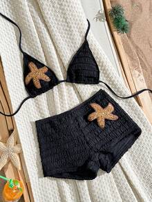 Swim SXY 夏季新款多色纹理面料海洋海星装饰配饰直筒裤挂脖系带沙滩度假女士两件套泳装 - 黑色 - 查看 2