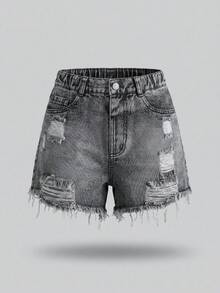 Playful Pals 1件装少女Y2K潮酷街头风做旧牛仔短裤，复古黑/灰水洗，不对称破洞毛边裤脚，高腰A字宽松版型，适合春夏、休闲、上学、户外、派对等场合。 - 黑色 - 查看 3