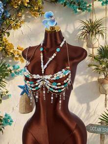 Amplova Crop Top Halter Berhiaskan Manik-Manik untuk Wanita, Model Seksi Tanpa Punggung untuk Liburan dengan Detail Rumbai - MultiWarna - View 3