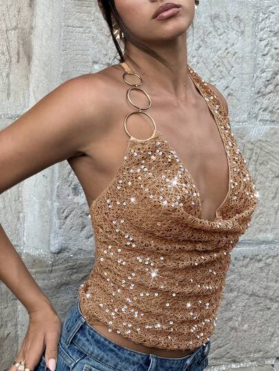 Siren Gaze 女士夏季优雅亮片吊带背心，深V领金属环垂褶短款吊带衫，适合海滩度假派对节日穿着，棕色夏季上衣，女士夏季上衣，女士休闲衬衫，夏季服装，女士夏季套装，Y2K风格上衣