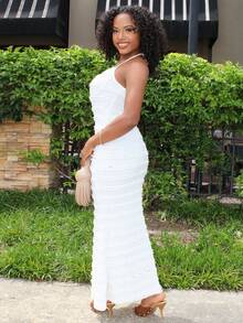 Steph T 女士夏季露背连衣裙，带圆环，荷叶边下摆，款式优雅，女士性感露背，圆环，褶皱无袖露背修身长款咖啡色纯色条纹吊带女式长裙，春夏，休闲日常穿着长款女装 - 杏色 - 查看 4