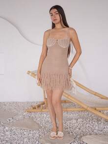Andrea Bello Shell Cup Tassel Hem Spaghetti Strap Fitted Mini Dress, Bohemian, Boho, Vacation, Suitable For Valentine's Day Date, Spring/Summer - Khaki - View 1