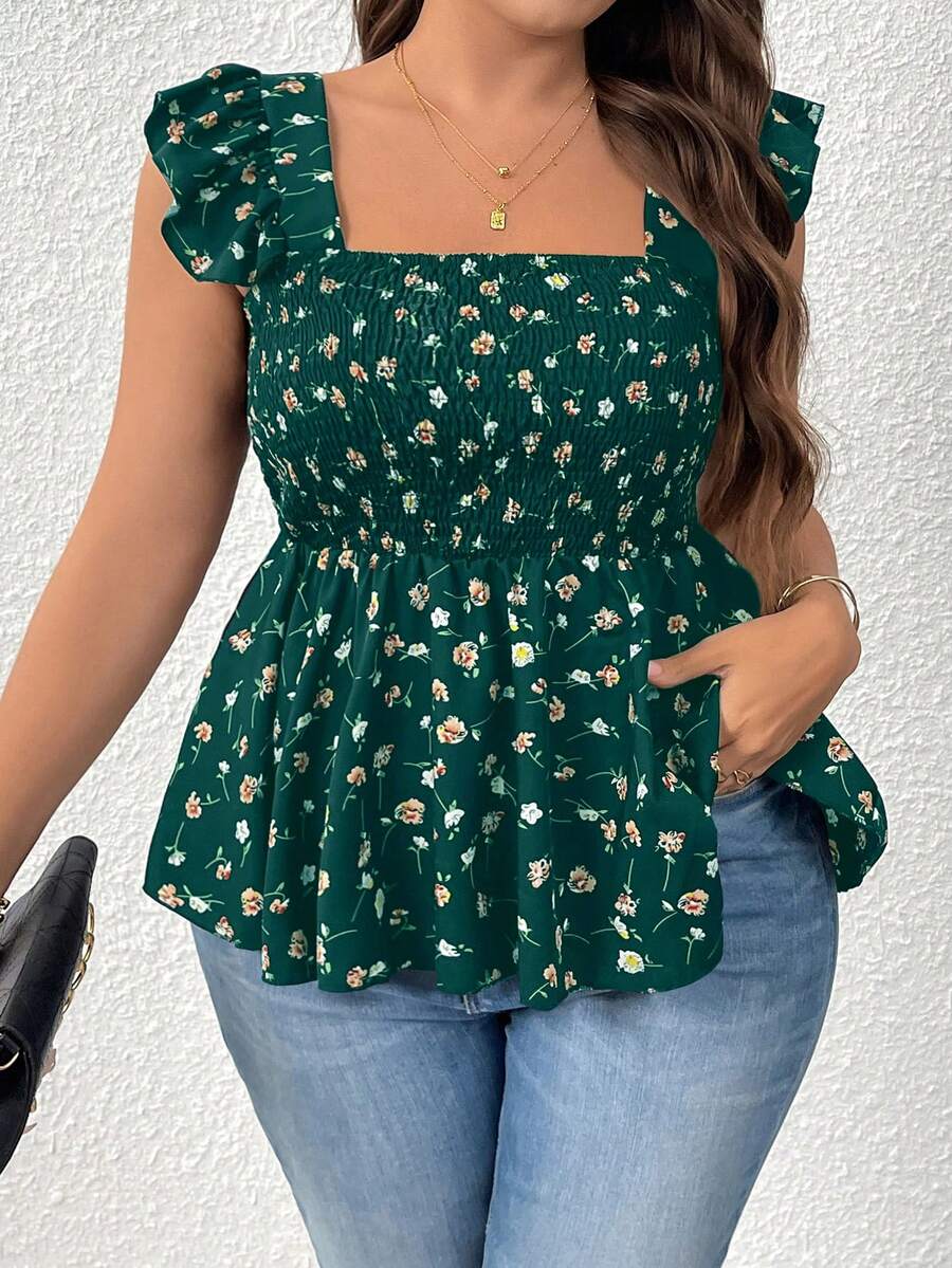 SHEIN CURVE+ 大码女式碎花方领荷叶边下摆松紧腰吊带衫 - 彩色 - 查看 1