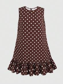 SHEIN Teen Girls' Round Neck Polka Dot Casual Summer Vacation Dress With Ruffle Hem - Khaki - View 5