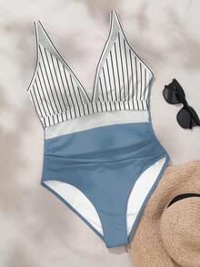 SHEIN Swim 女士条纹拼接连体泳衣，适合海滩度假、泳池派对、沙滩派对 - 藍色 - 查看 3
