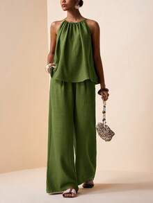 Zivah Women 2-Piece Outfit,Olive Green Summer Elegant Holiday Vacation Halter Neck Ruched Loose Top & Wide Leg Pants Set With Pockets,Bamboo Texture Fabric - Army Green - View 5