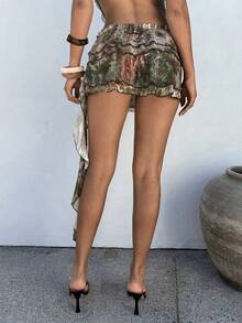 Aloruh 女士夏季海滩度假热带植物印花层叠荷叶边半身裙裤 - 綠色 - 查看 2