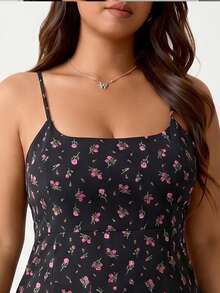 Solflare Plus Size Cute Summer Black Midi Dress,Spaghetti Strap High Waist Backless Red Ditsy Floral Everyday Casual Party Birthday Music Festival Vacation - Multicolor - View 7