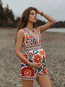 SHEIN Pregnant Women's Summer Vacation Casual Floral Print Sleeveless Romper Boho Jumpsuit For Women Boho Romper For Women Floral Print Romper Summer Romper For Women Resort Romper For Women - Multicolor - View 4