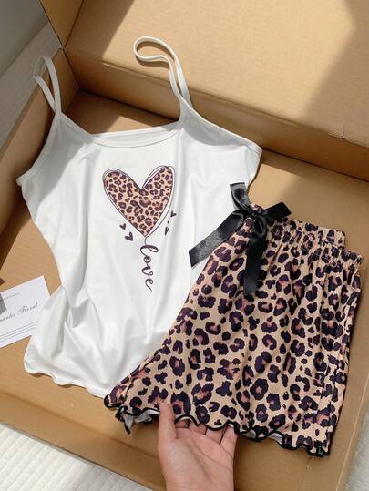 Comfortcana 女士心形豹纹荷叶边吊带背心和短裤睡衣套装