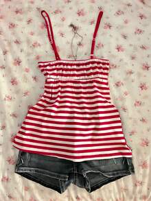 Glimmora Summer Casual Retro Y2K Striped Women Camisole - Red - View 2