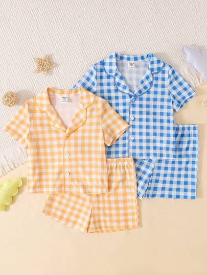 Dozemod 儿童男宝宝可爱浅蓝色格子图案简约纯色翻领纽扣短袖短裤宽松舒适四件套睡衣