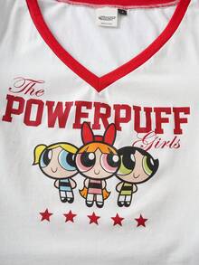 THE POWERPUFF GIRLS X SHEIN Áo thun nữ tay ngắn cổ chữ V in hình hoạt hình - trắng - Xem 4