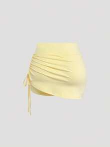 Sweetra High Waist Anti-Flashing Sports Skirt, Wrinkled Fabric Running Shorts With Attached Undershorts - Yellow - View 2