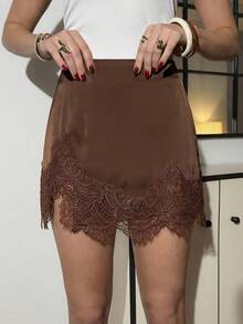 Ellevyn Women's Lace Patchwork Elegant Summer Fashion Skirt - Brown - View 3